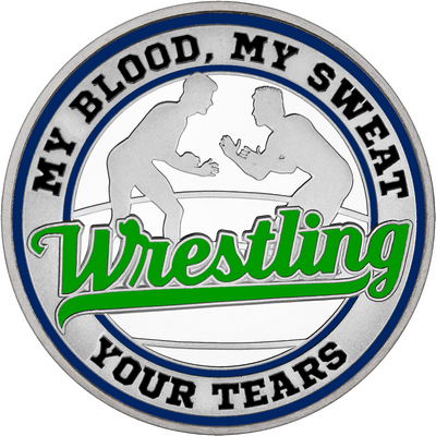 Green "Wrestling" with Navy Blue Outer Circular Borders